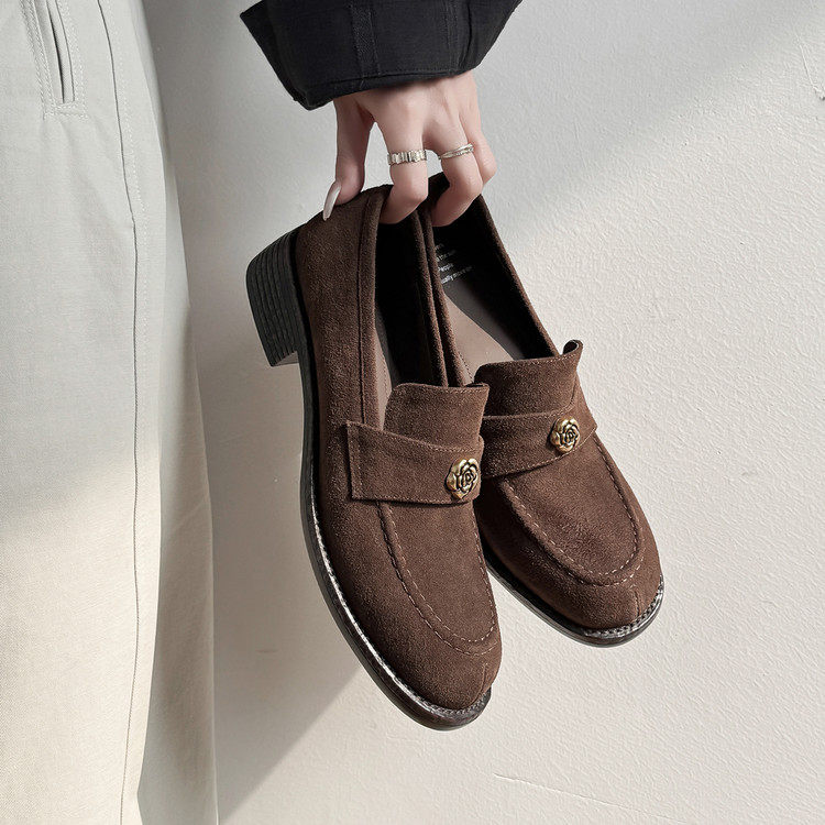 3.5cm真皮绒面复古山茶花乐福鞋2026新款英伦小皮鞋深口粗跟单鞋,女鞋,深口单鞋,淘宝优惠券,粉丝福利购,淘宝优惠卷