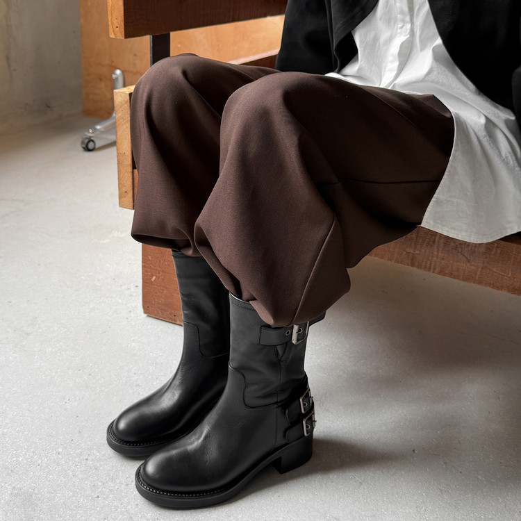 机车靴皮带扣高跟粗跟骑士短靴