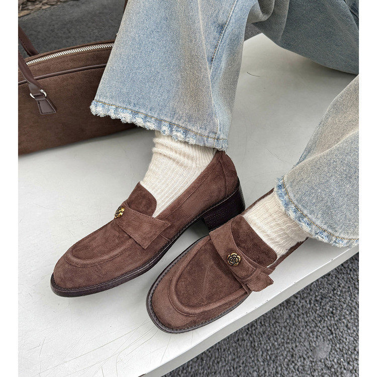 3.5cm山茶花真皮乐福鞋女2026新款一脚蹬懒人单鞋百搭棕色豆豆鞋,女鞋,深口单鞋,淘宝优惠券,粉丝福利购,淘宝优惠卷