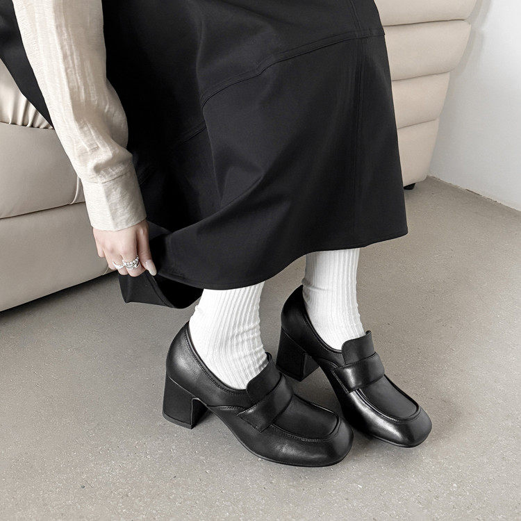 6cm法式高跟复古真皮方头乐福鞋女春秋深口小皮鞋一脚蹬粗跟单鞋,女鞋,深口单鞋,淘宝优惠券,粉丝福利购,淘宝优惠卷