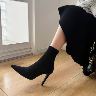 高级感欧美高跟袜靴尖头新款秋冬季细跟高跟鞋瘦瘦弹力短靴子显瘦