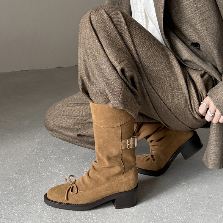 复古粗跟靴蝴蝶结简约百搭短靴