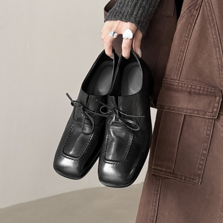 2.3cm老钱风复古头层牛皮黑色小皮鞋蝴蝶结软底粗跟方头系带单鞋,女鞋,深口单鞋,淘宝优惠券,粉丝福利购,淘宝优惠卷