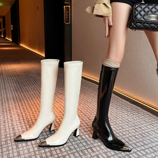 7.5cm白色靴子长筒靴女2025年新款秋冬高跟瘦瘦靴金属尖头骑士靴