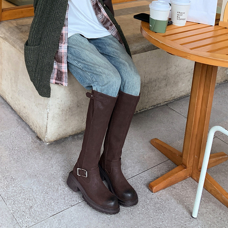复古皮带扣长筒靴直筒显瘦靴