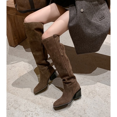 气质方头粗跟高跟过膝靴长筒靴