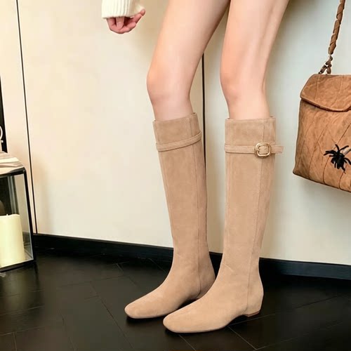 真皮内增高方头瘦瘦高筒女靴