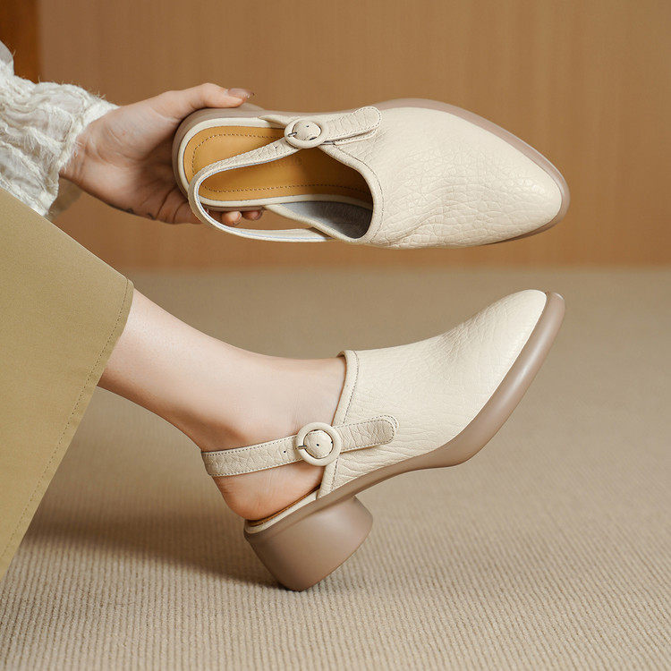 5cm配裙子包头厚底踩屎感凉鞋女真皮时尚高跟粗跟百搭仙女罗马鞋