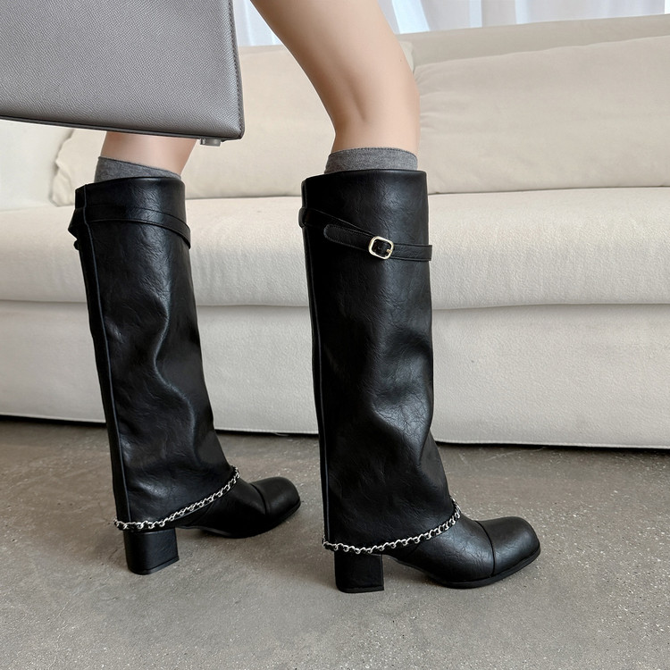 小香风拼色长靴女粗跟圆头长筒靴