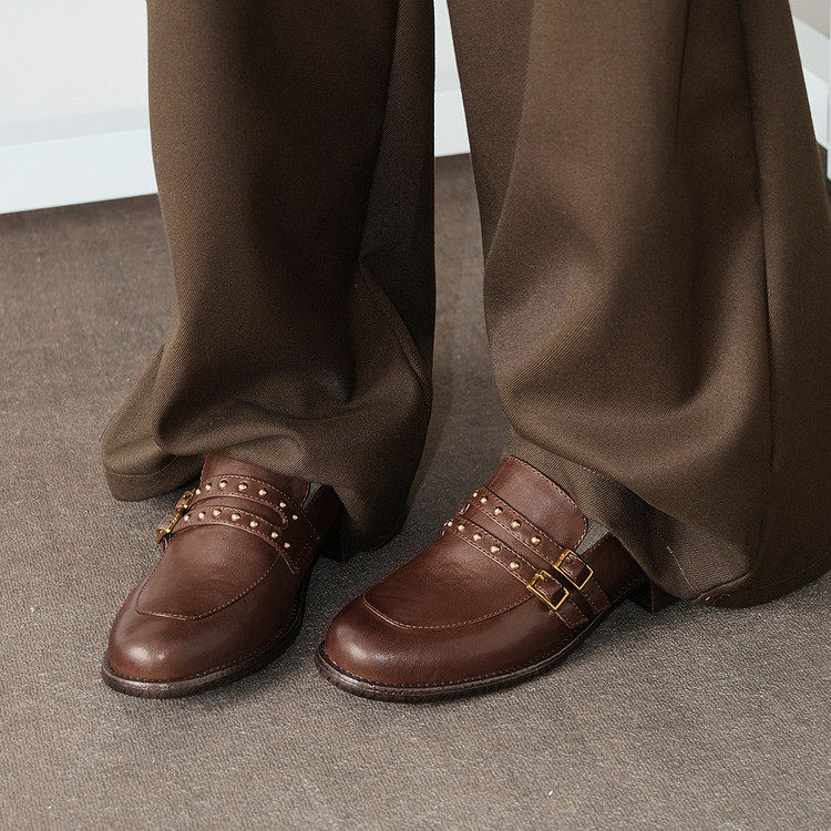 3.5cm复古英伦风乐福鞋女真皮圆头铆钉一脚蹬粗跟百搭小皮鞋单鞋,女鞋,深口单鞋,淘宝优惠券,粉丝福利购,淘宝优惠卷
