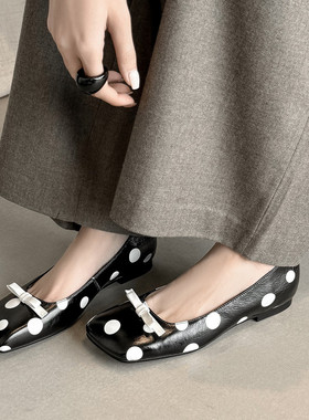 3cm法式波点方头浅口单鞋时尚一脚蹬蝴蝶结内增高小众温柔小皮鞋