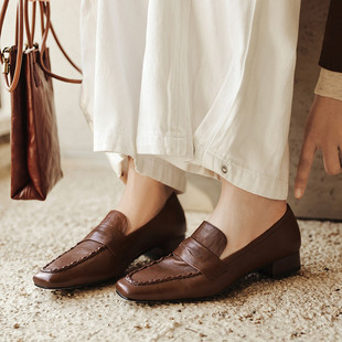 3cm真皮法式复古老钱风羊皮平底乐福鞋女方头低跟单鞋英伦小皮鞋