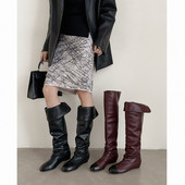 1.4cm可两穿翻折拼色圆头过膝靴褶皱堆堆靴秋冬平底长筒