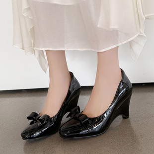 7cm法式轻熟风蝴蝶结单鞋女圆头坡跟红色浅口玛丽珍鞋女鞋高跟鞋