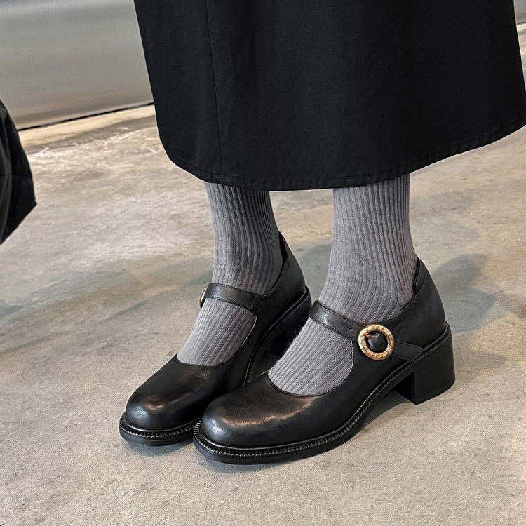 5.5cm真皮复古风粗跟玛丽珍鞋女一字扣浅口百搭复古舒适圆头单鞋,女鞋,浅口单鞋,淘宝优惠券,粉丝福利购,淘宝优惠卷