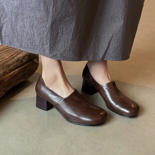 5cm老钱风简约时尚圆头深口单鞋女款粗跟一脚蹬真皮日常通勤皮鞋