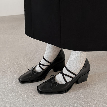7cm头层羊皮法式复古时尚蝴蝶结方头玛丽珍2026春季新款高跟单鞋