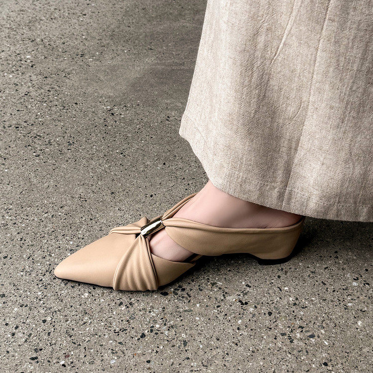 5cm法式褶皱包头凉拖鞋后空真皮褶皱时尚配裙子粗跟千金风高跟鞋