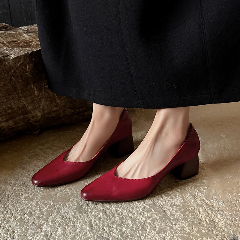 5cm真皮法式复古方头浅口粗跟高跟鞋不累舒适通勤黑色单鞋女2026