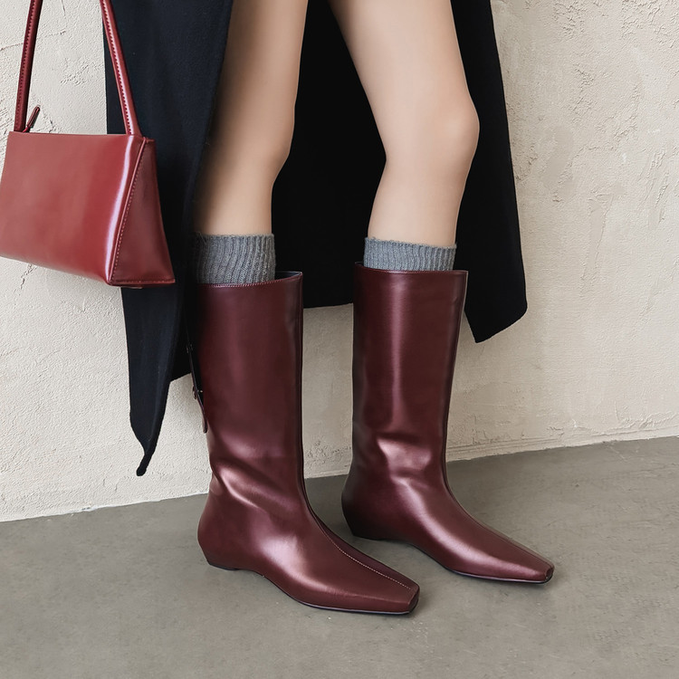 法式极简风方头显瘦宽筒骑士靴