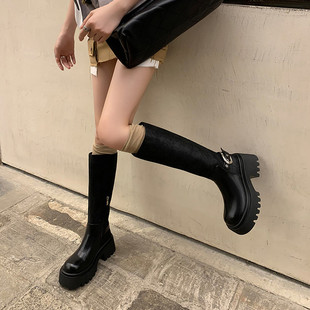 时尚 2025秋冬新款 百搭粗跟厚底真皮长筒骑士靴女英伦风超火高筒靴