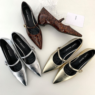 5cm法式绝美尖头玛丽珍鞋女复古内增高豹纹一字带单鞋女小皮鞋