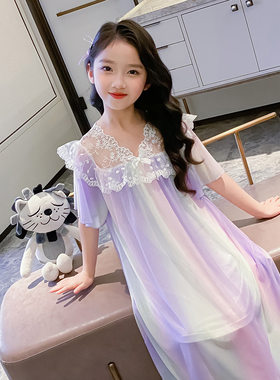 夏季女童睡裙短袖薄款儿童公主风仙女宫廷彩虹凉感睡裙家居服