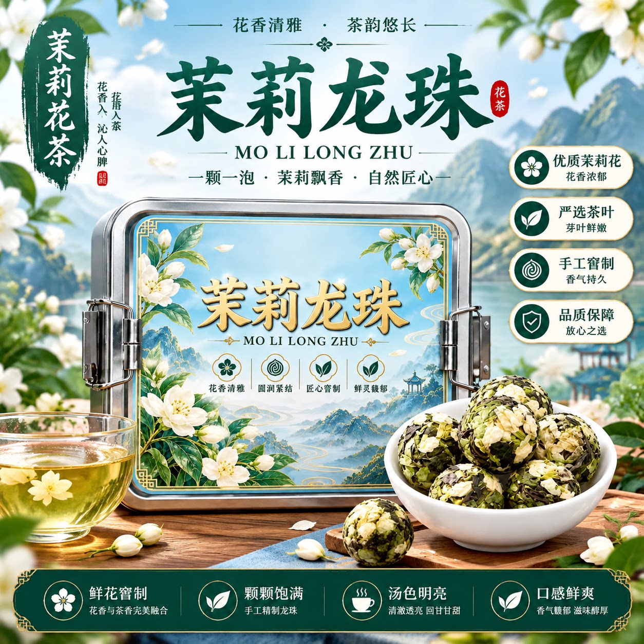 横县茉莉花茶2026新茶九窨茉莉大龙珠鲜爽回甘汤色清澈手工凝珠茶