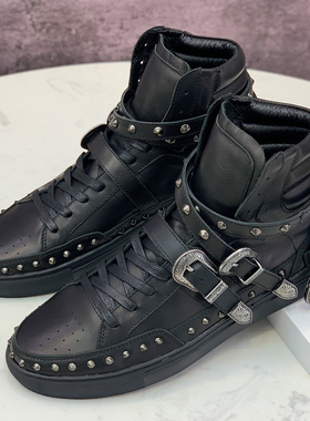 皮带扣铆钉高帮鞋男2025年新款真皮视觉系板鞋暗黑摇滚风马丁靴潮