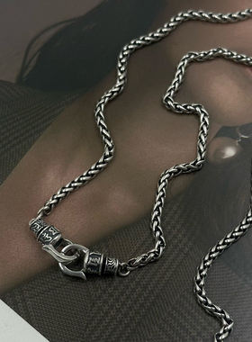 925纯银简约时尚项链 精致六字真言双扣编织链 百搭气质银饰品