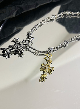 S925银复古镶钻双十字架竹节项链女小众设计高级感时尚百搭锁骨链