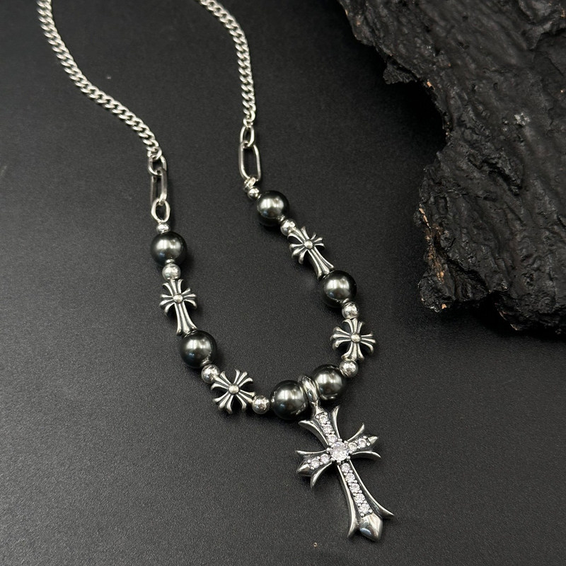 S925纯银满钻十字架圆珠拼接项链男女小众甜酷锁骨链高级感卫衣链