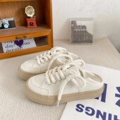 大码 女41 43一脚蹬懒人鞋 休闲透气两穿小白鞋 女踩脚半拖帆布鞋 潮