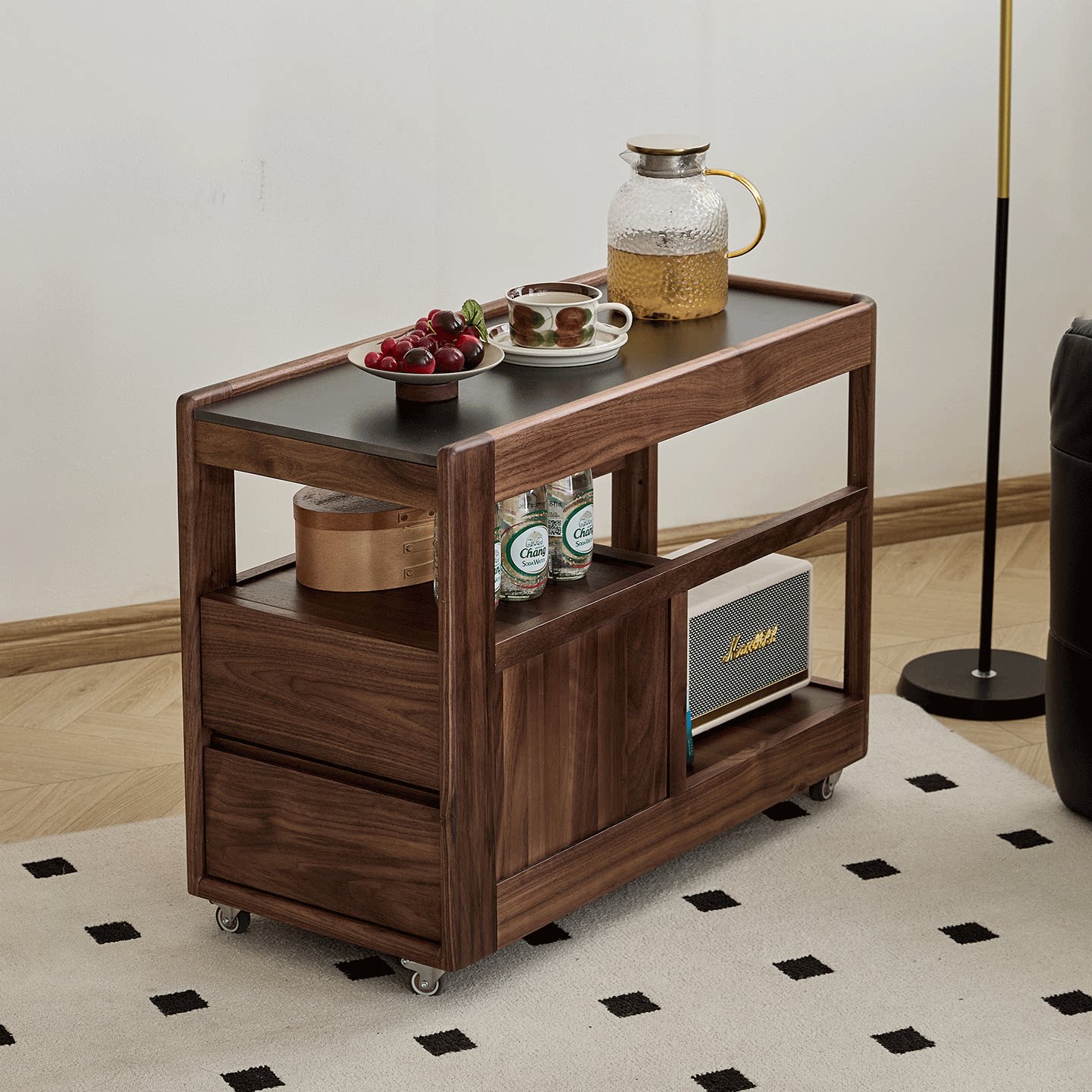 北美黑胡桃木岩板移动小边柜沙发边几带滑轮小茶几