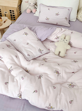 可爱紫色兔子婴儿被套单件纯棉a类双层纱布柔软儿童小被罩三件套