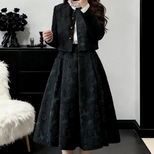 春秋季新款法式黑色提花套裙女时尚气质显瘦高腰中长款蓬蓬半身裙
