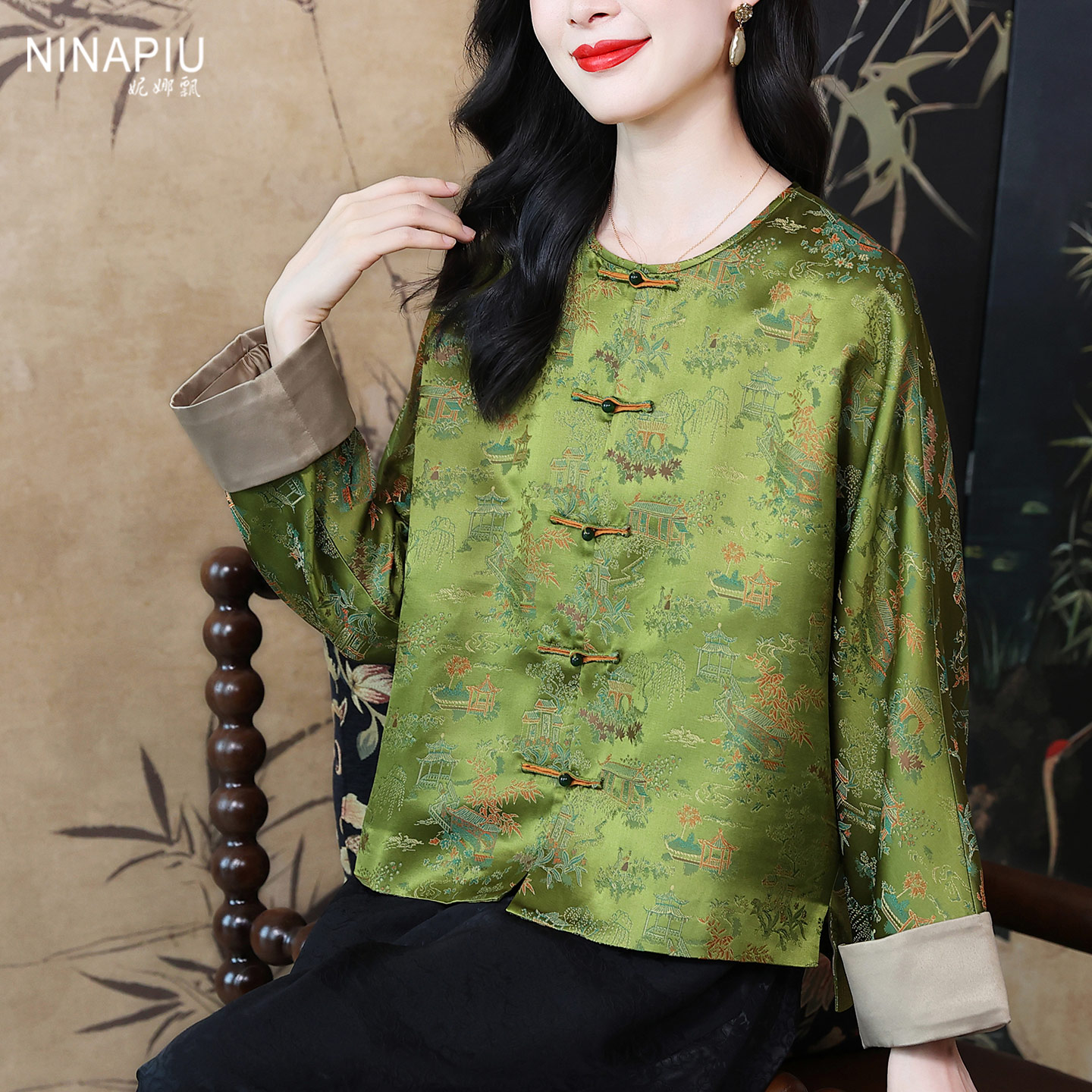 妮娜飘国风复古洋气宋锦真丝外套