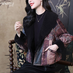 贵气复古花色拼接皮毛一体鹅绒服冬季 保暖舒适提花羽绒服外套 新款