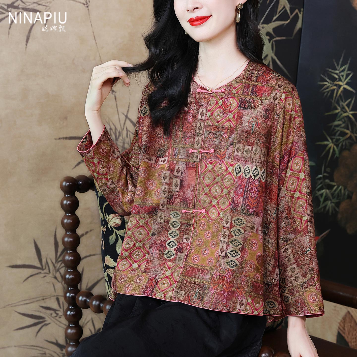 妮娜飘国风宽松香云纱真丝外套