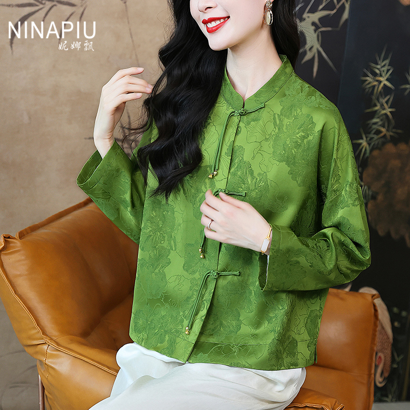 妮娜飘新中式提花人丝立领短外套