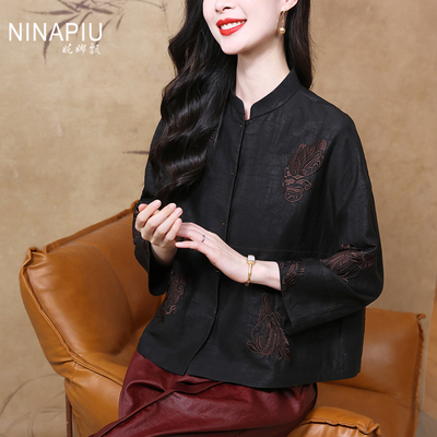 妮娜飘国风复古刺绣香云纱上衣