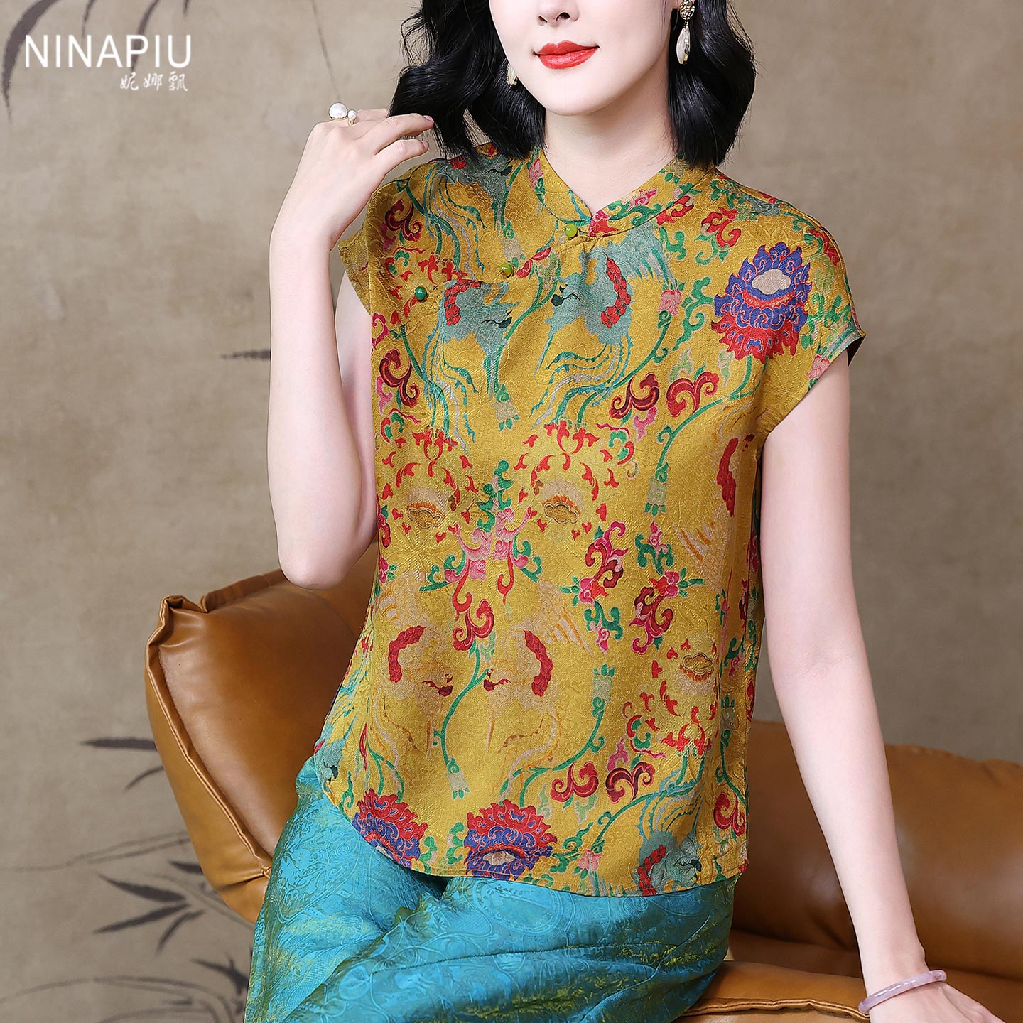 妮娜飘新中式复古香云纱真丝上衣