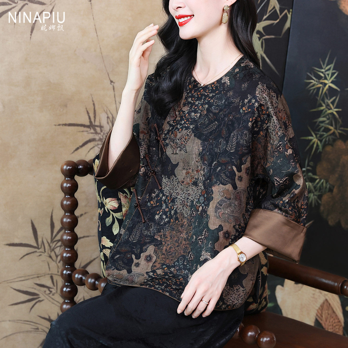 妮娜飘新中式斜襟复古亚麻外套