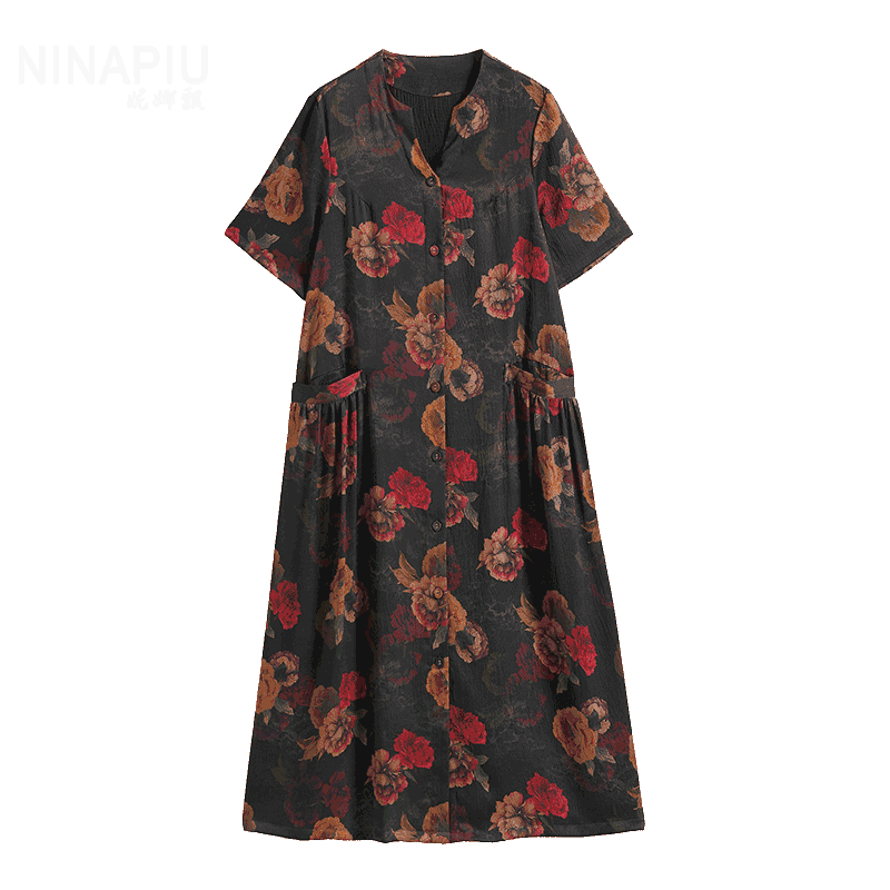 OL气质优雅花色显瘦香云纱连衣裙