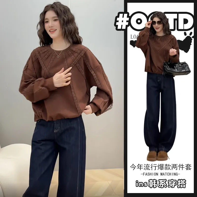单件/2024秋冬感韩系复古长袖圆领卫衣女小众设计牛仔长款潮