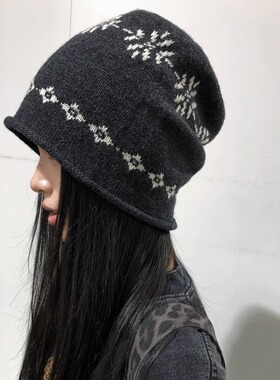 新款费尔岛提花冷帽女秋冬百搭护耳针织帽显脸小堆堆帽套头毛线帽