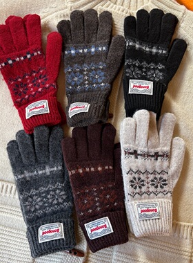 新款复古费尔岛毛线针织手套女冬季防寒保暖百搭户外通勤分指手套