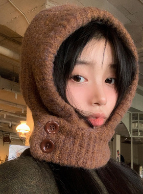 巴拉克拉法帽女包头针织帽秋冬季骑车保暖毛线帽护耳帽子围脖一体