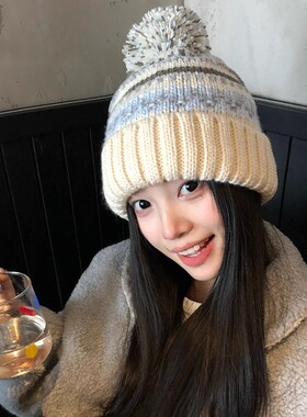 费尔岛大毛球针织帽女秋冬可爱百搭加厚保暖毛线帽大头围护耳冷帽