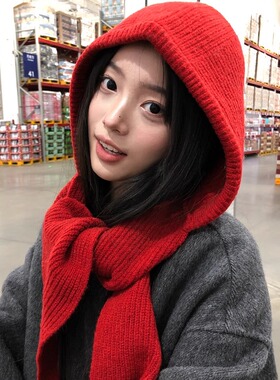 巴拉克拉法帽女秋冬红色帽子围巾一体保暖针织帽护耳毛线帽显脸小
